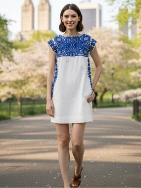 Madewell Embroidered Casita Shift Mini Short Dress,‎ Blue/White, Size XS